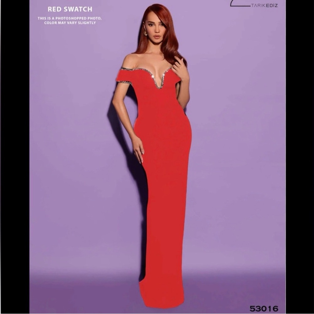 Tarik Ediz Red Off-Shoulder Bejeweled Maxi Gown